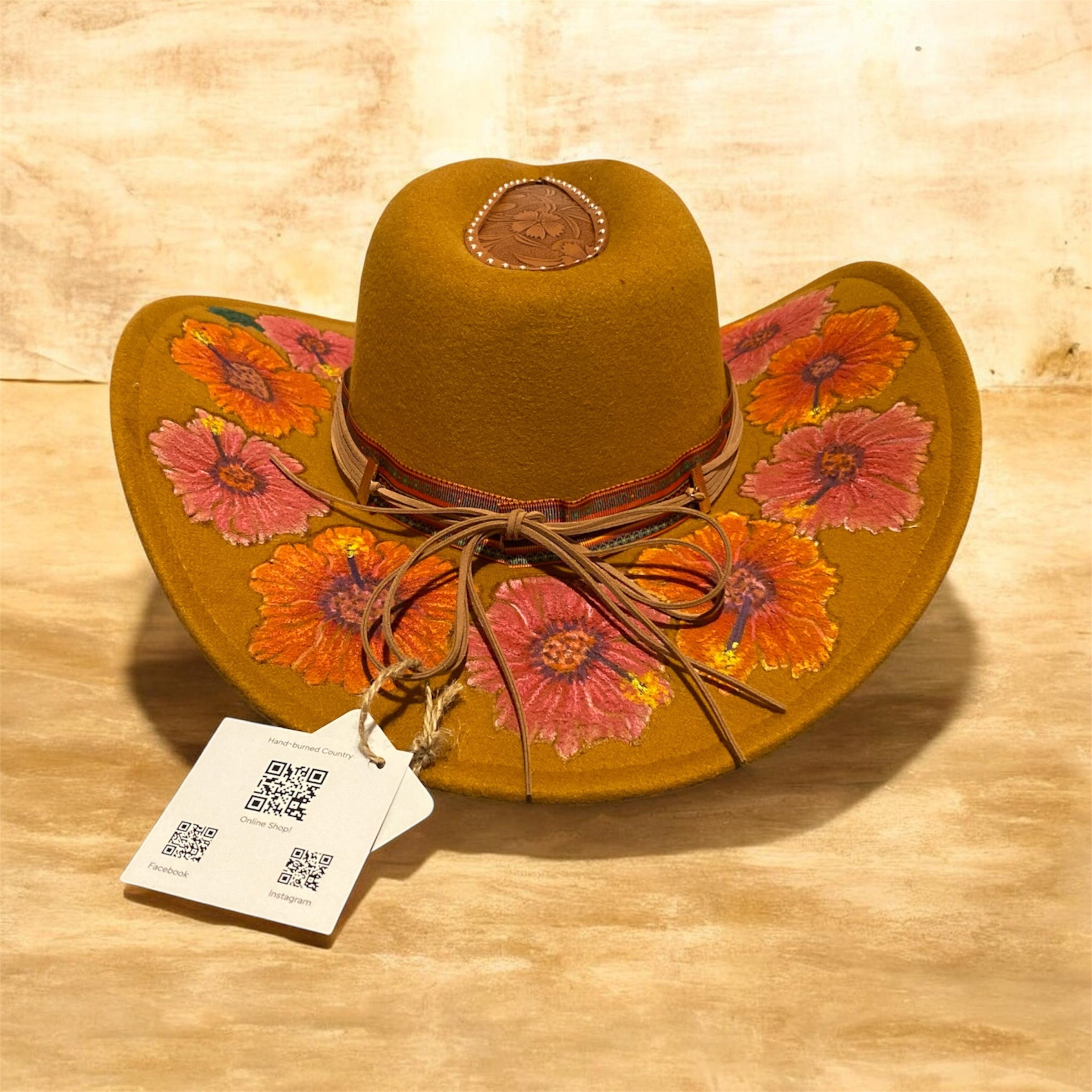 Acorn Hibiscus Cowboy Hat, Hand burned and Hand painted