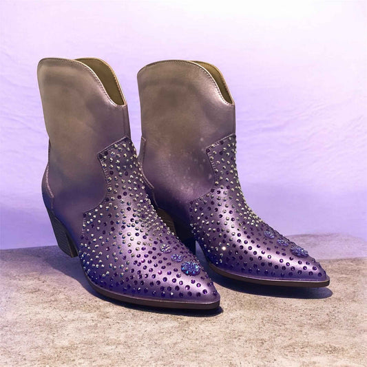 Custom Western Style Ankle Boots – Stand Out in Purple Haze with Sparkling Diamante