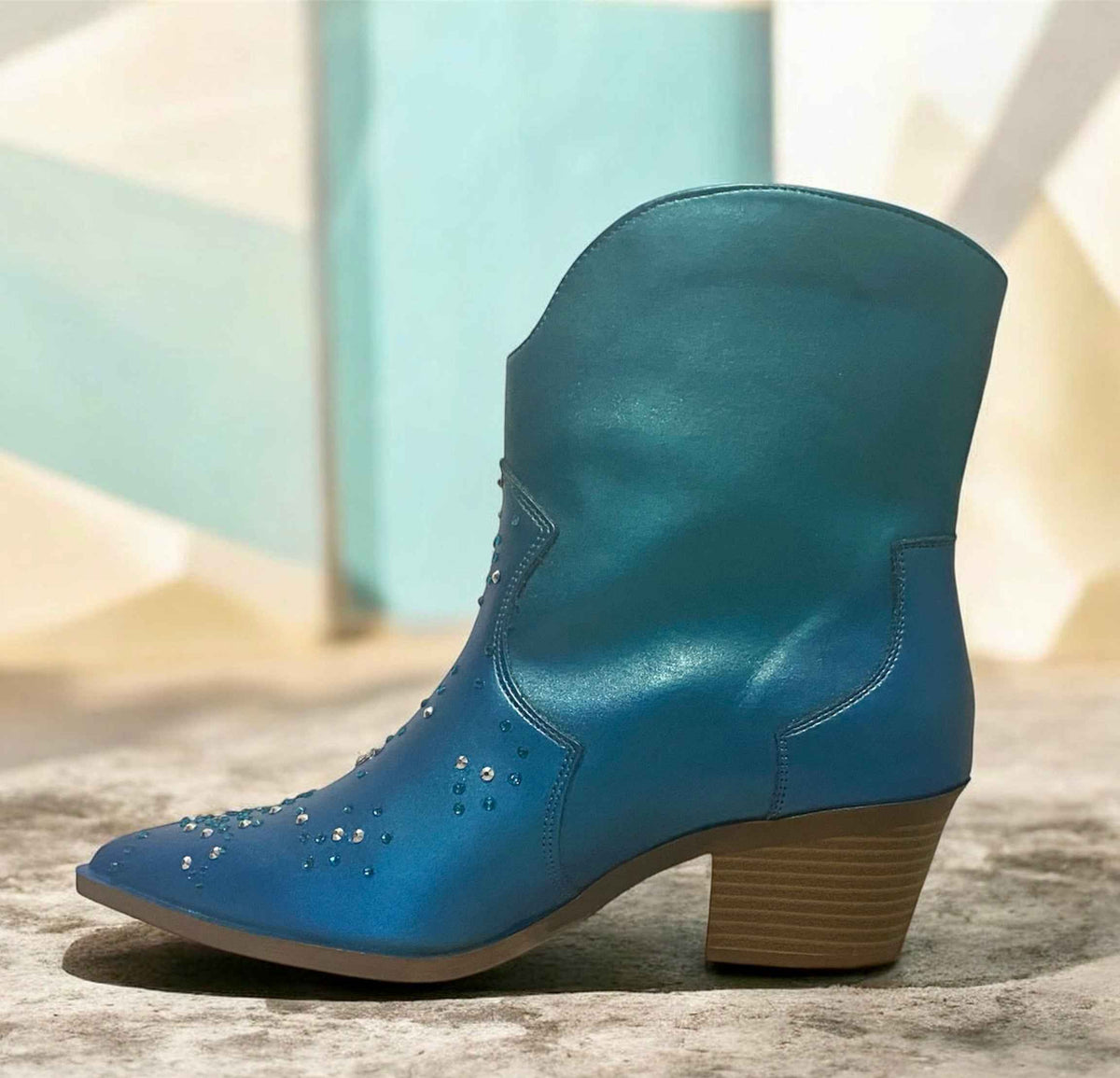Bespoke Western Style Ankle Boots – Stand Out in Ice Blue & Teal with Sparkling Diamante