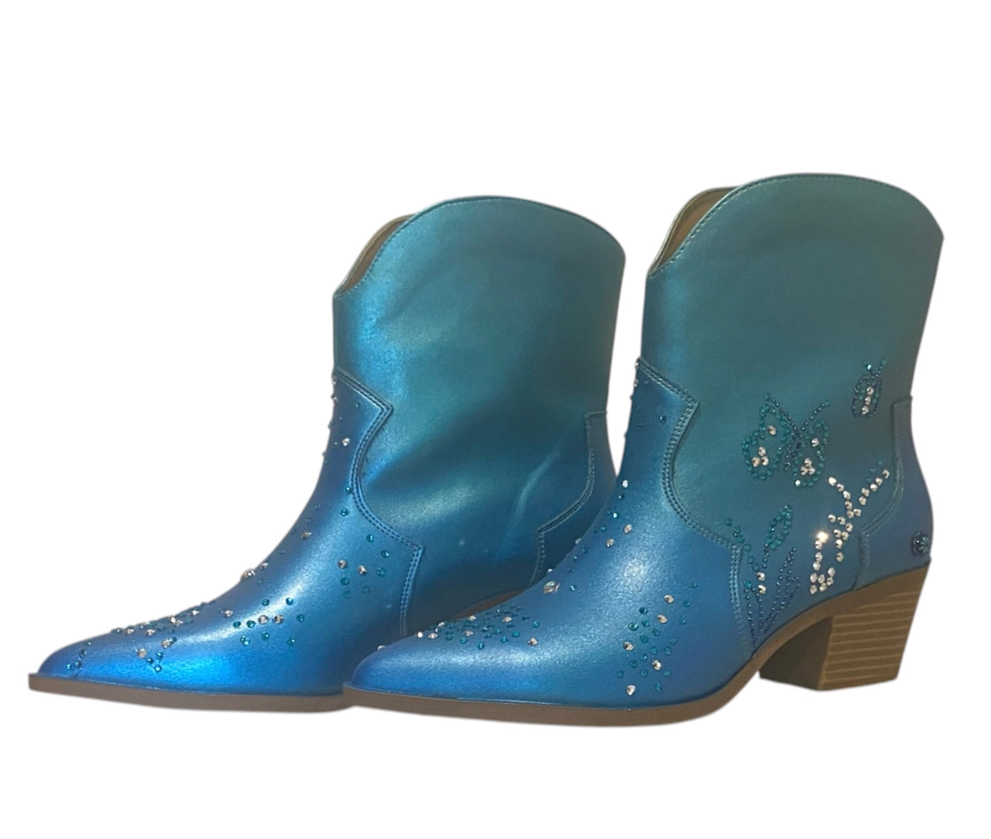 Bespoke Western Style Ankle Boots – Stand Out in Ice Blue & Teal with Sparkling Diamante