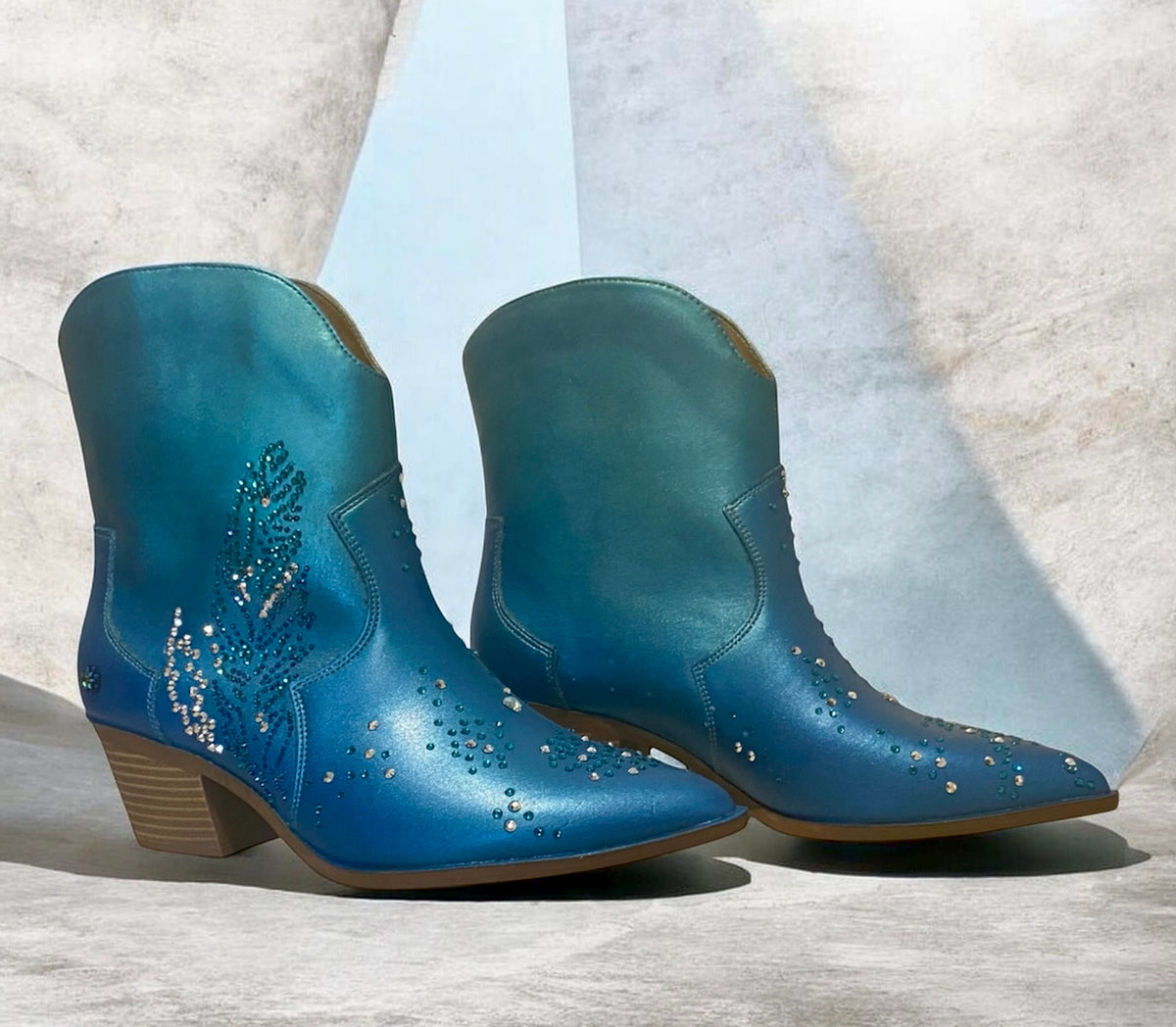 Bespoke Western Style Ankle Boots – Stand Out in Ice Blue & Teal with Sparkling Diamante