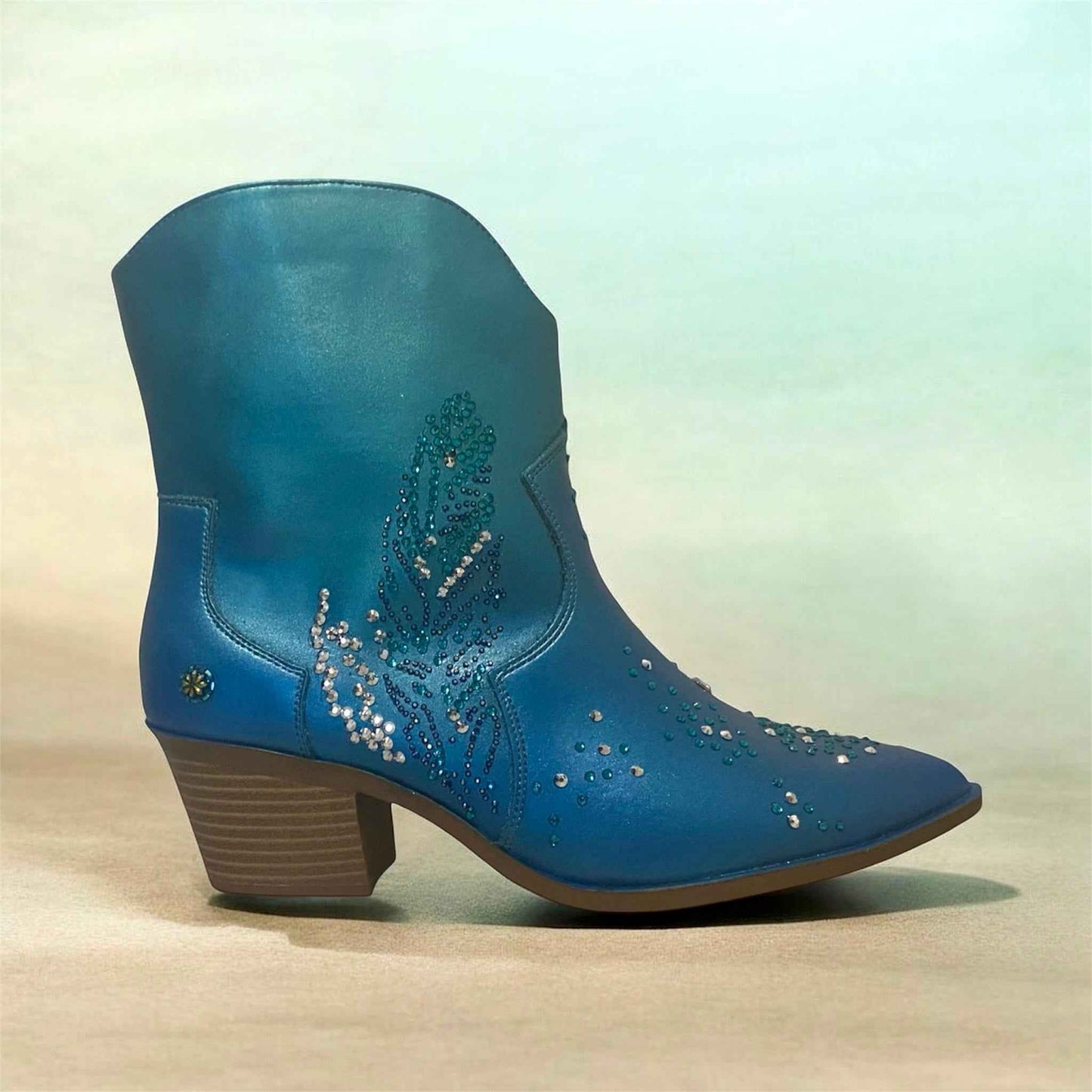 Bespoke Western Style Ankle Boots – Stand Out in Ice Blue & Teal with Sparkling Diamante