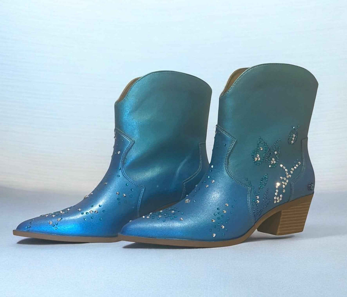 Bespoke Western Style Ankle Boots – Stand Out in Ice Blue & Teal with Sparkling Diamante