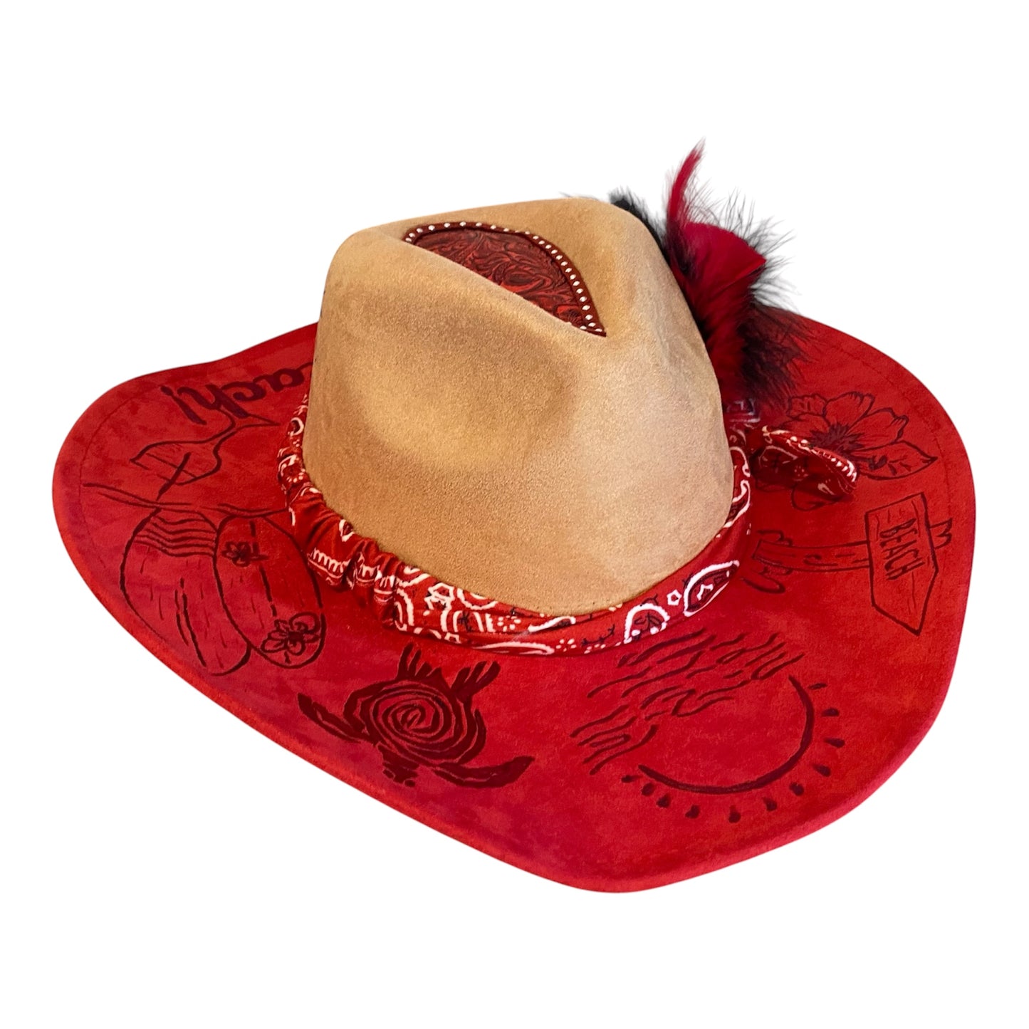 Life's A Beach Custom Vegan Suede Cowboy Hat - Two Tone Red and Tan