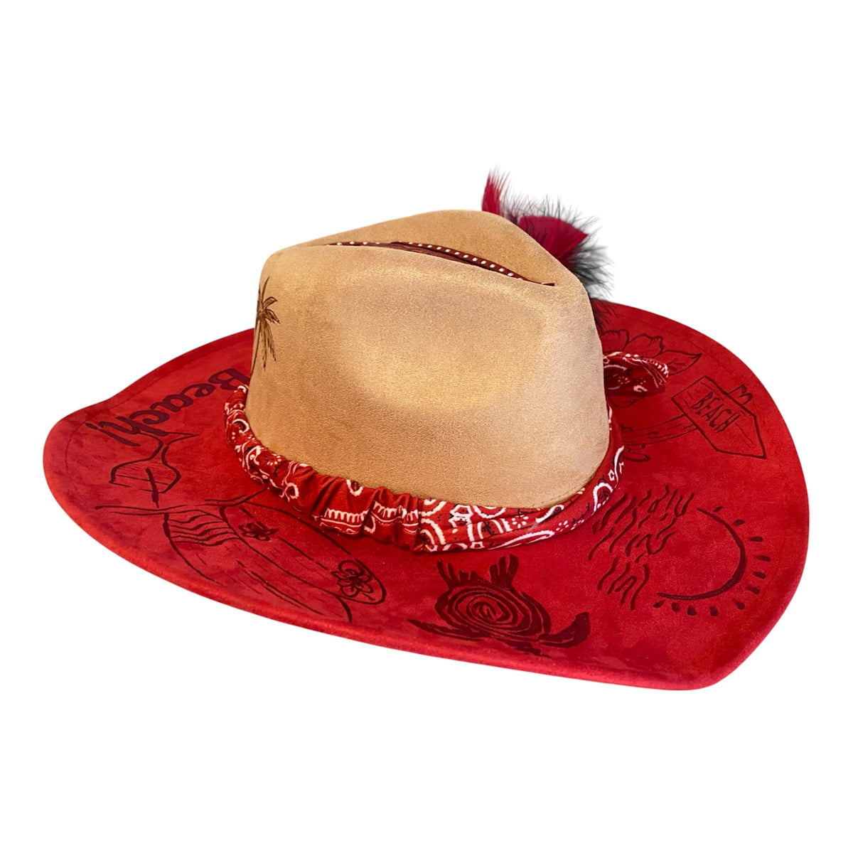 Life's A Beach Custom Vegan Suede Cowboy Hat - Two Tone Red and Tan