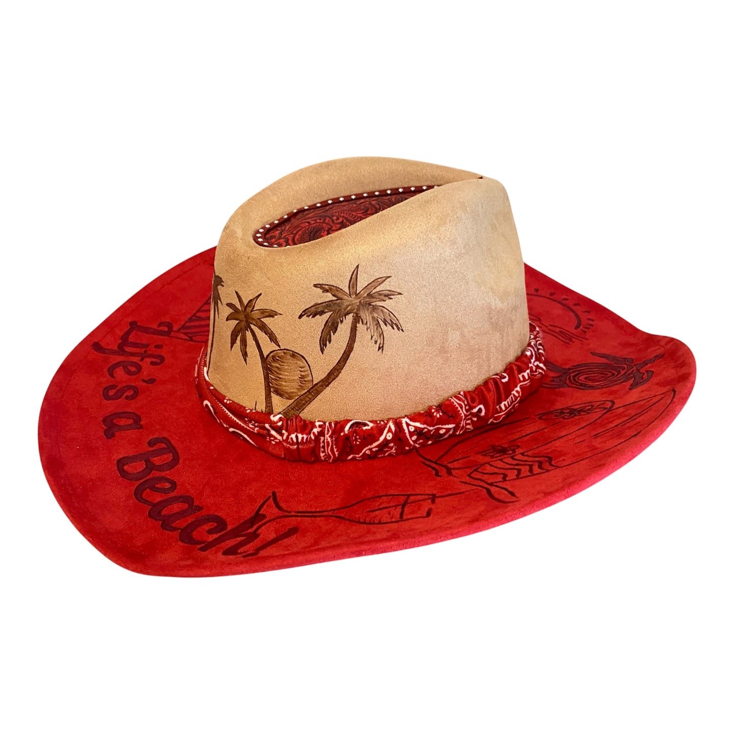 Life's A Beach Custom Vegan Suede Cowboy Hat - Two Tone Red and Tan