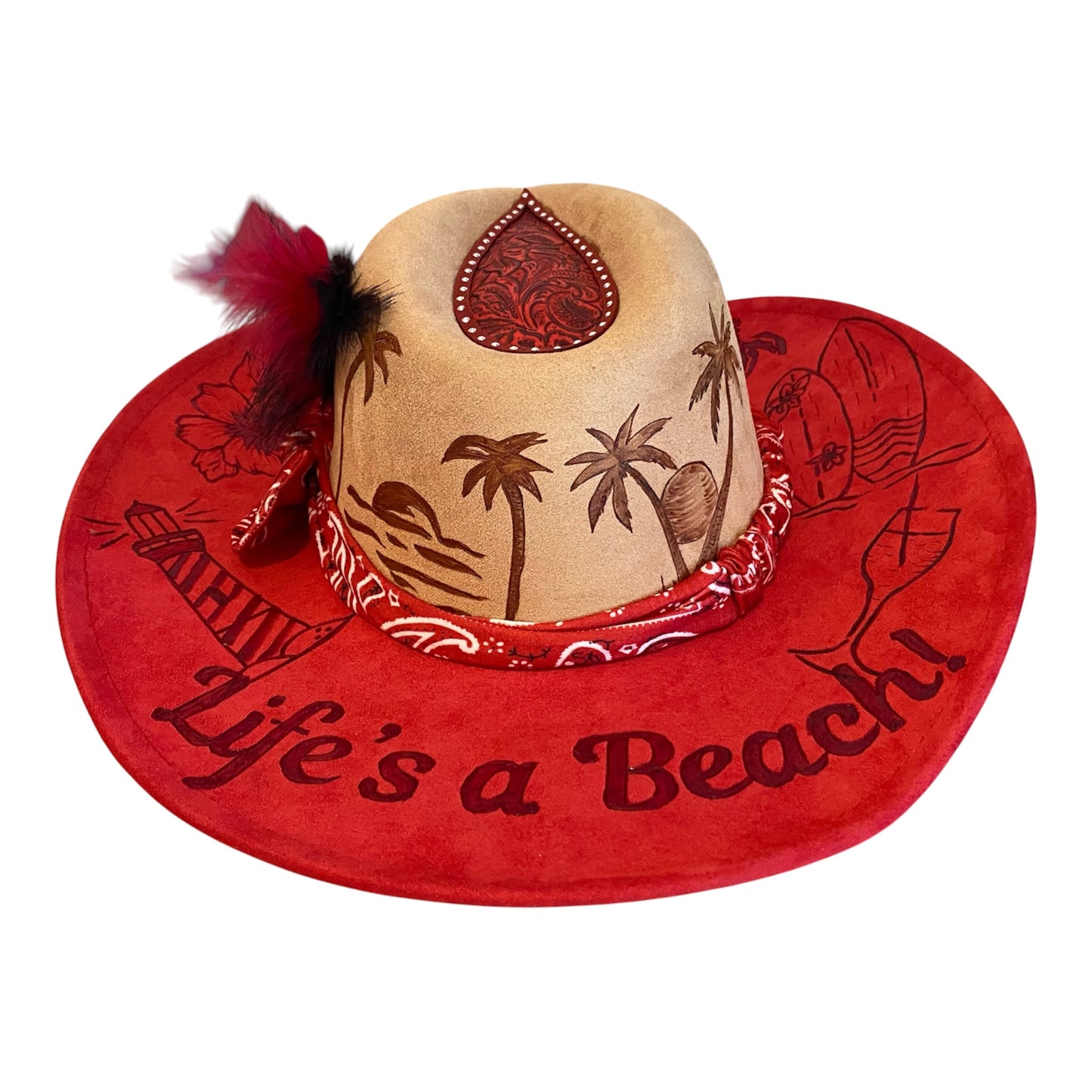 Life's A Beach Custom Vegan Suede Cowboy Hat - Two Tone Red and Tan