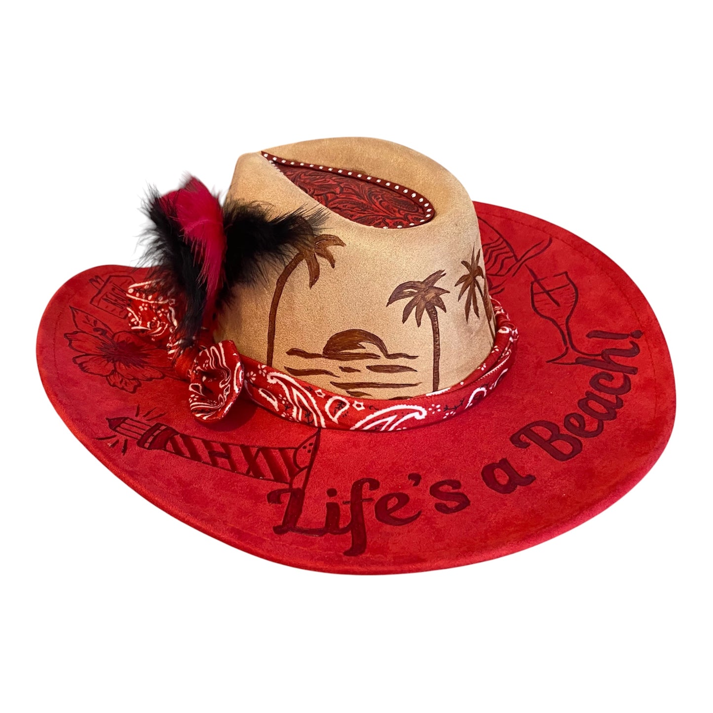 Life's A Beach Custom Vegan Suede Cowboy Hat - Two Tone Red and Tan