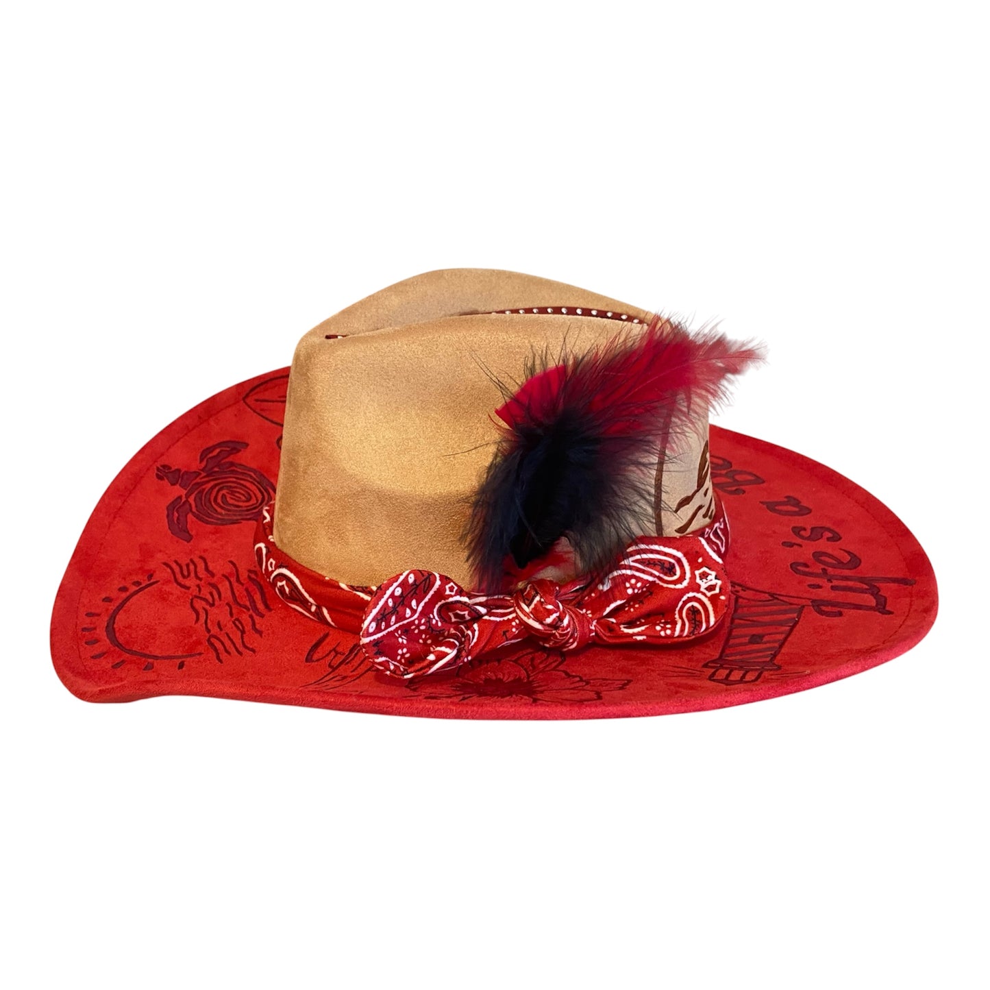 Life's A Beach Custom Vegan Suede Cowboy Hat - Two Tone Red and Tan
