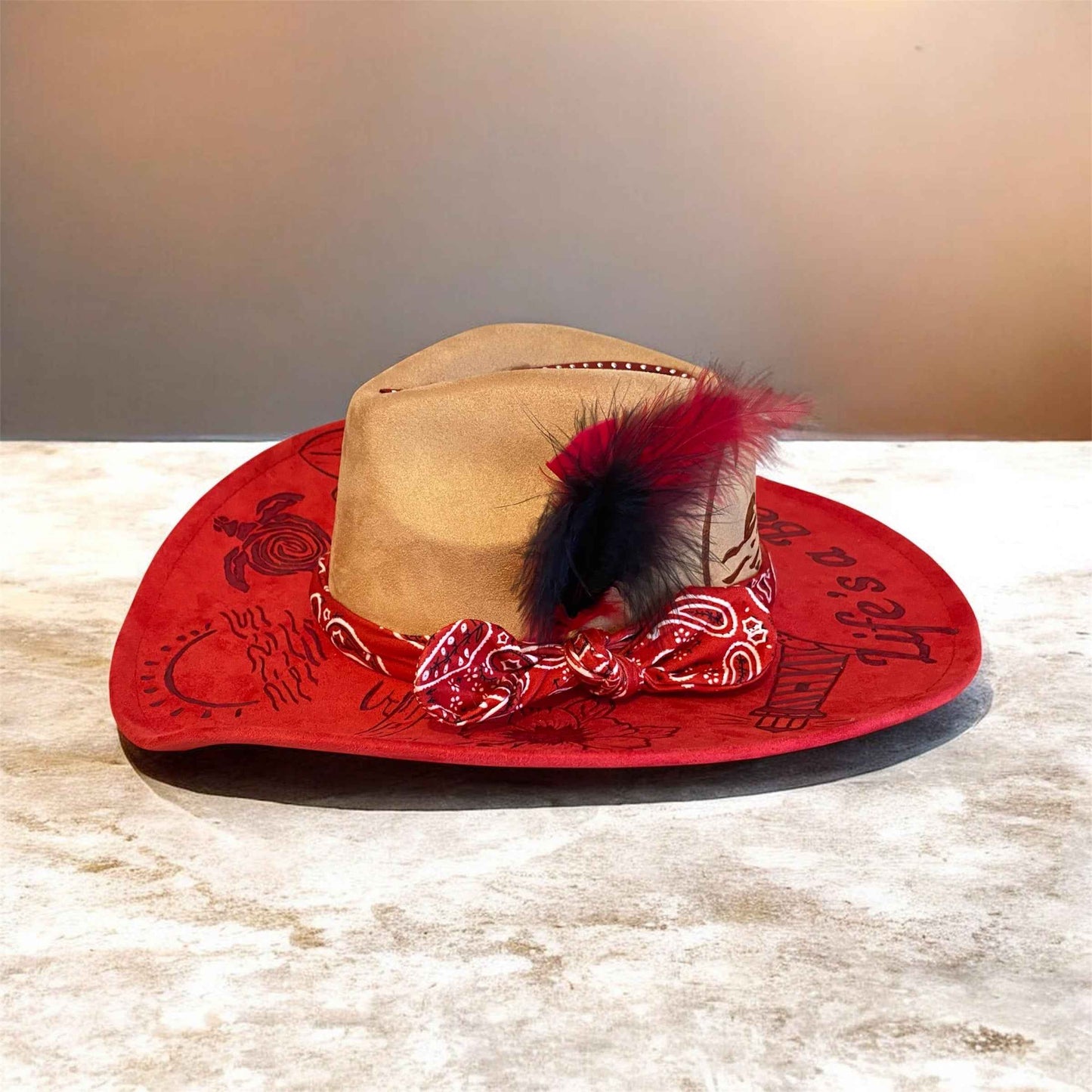 Life's A Beach Custom Vegan Suede Cowboy Hat - Two Tone Red and Tan