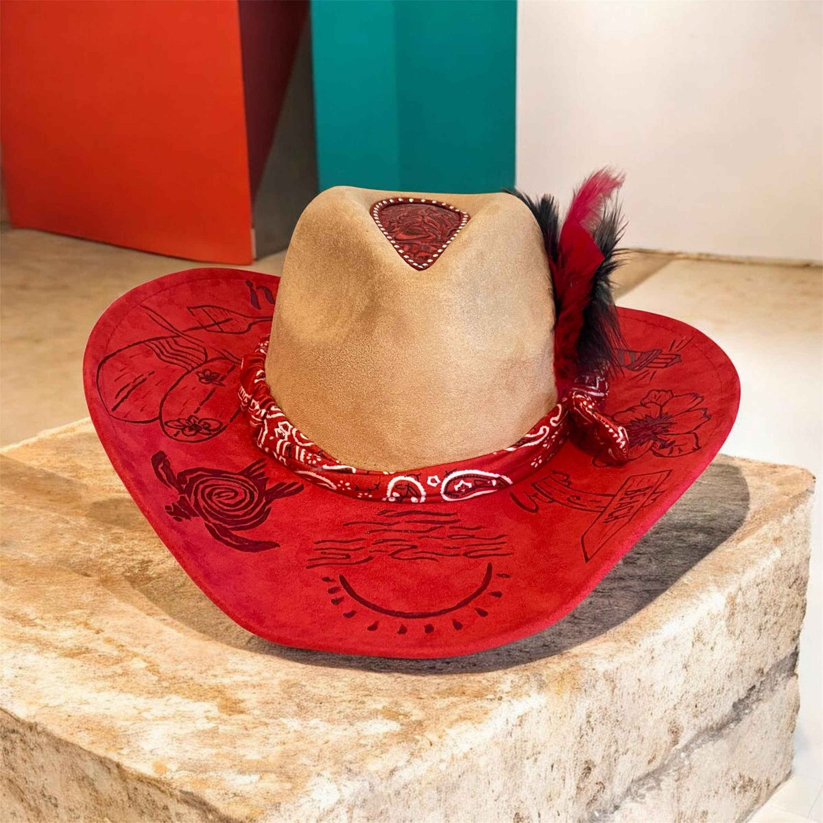 Life's A Beach Custom Vegan Suede Cowboy Hat - Two Tone Red and Tan