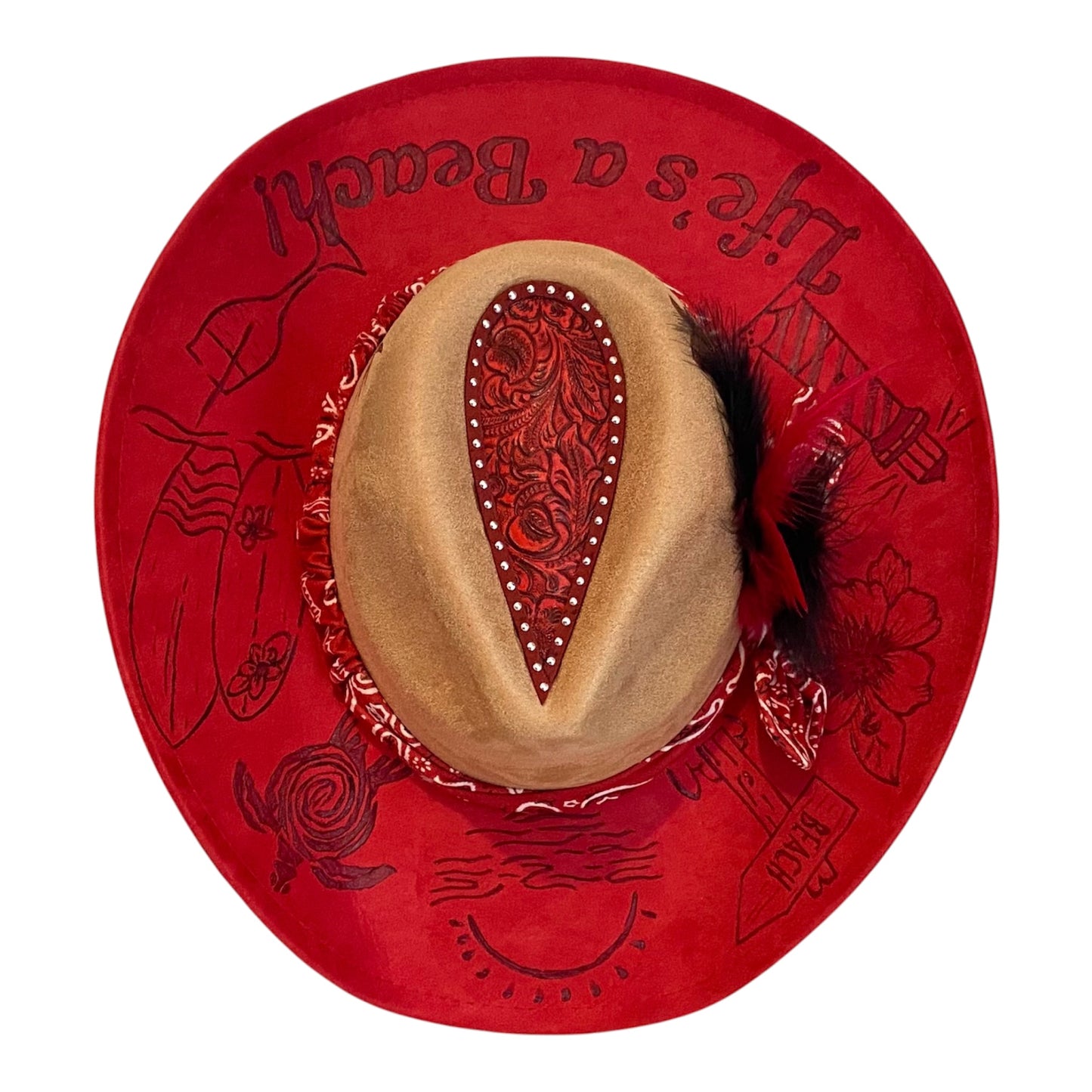 Life's A Beach Custom Vegan Suede Cowboy Hat - Two Tone Red and Tan