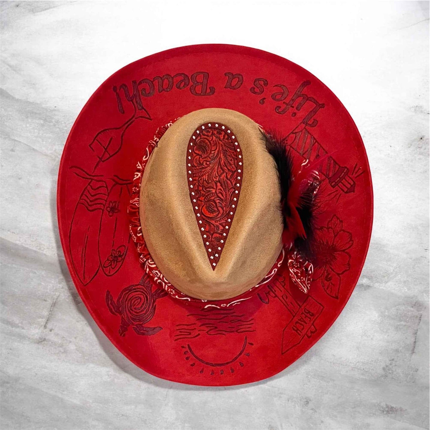 Life's A Beach Custom Vegan Suede Cowboy Hat - Two Tone Red and Tan