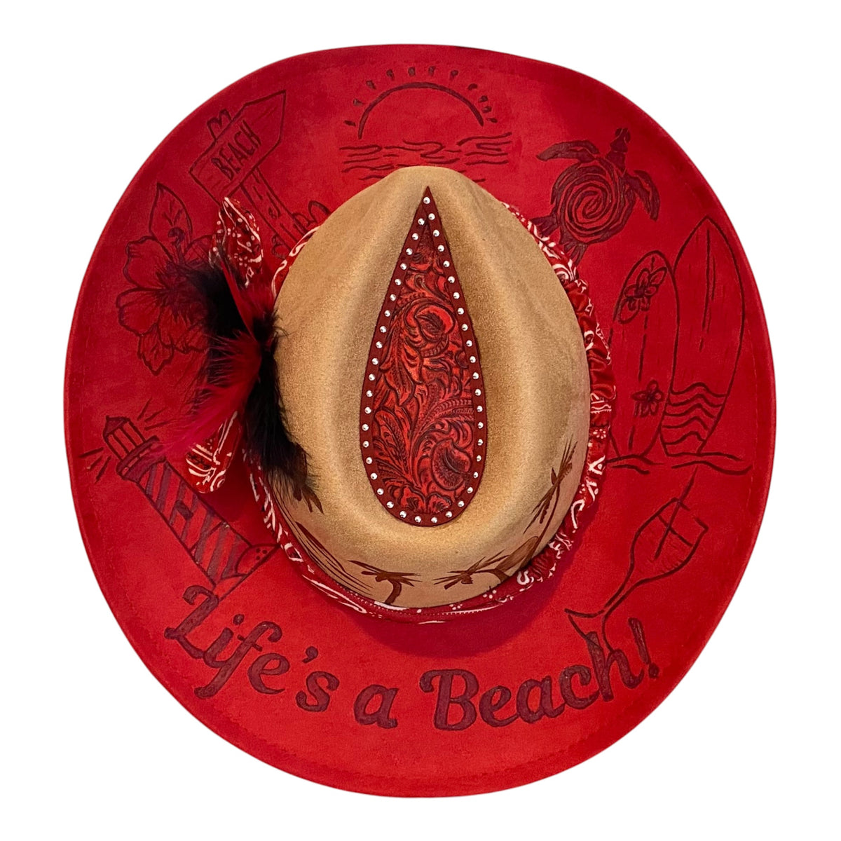 Life's A Beach Custom Vegan Suede Cowboy Hat - Two Tone Red and Tan