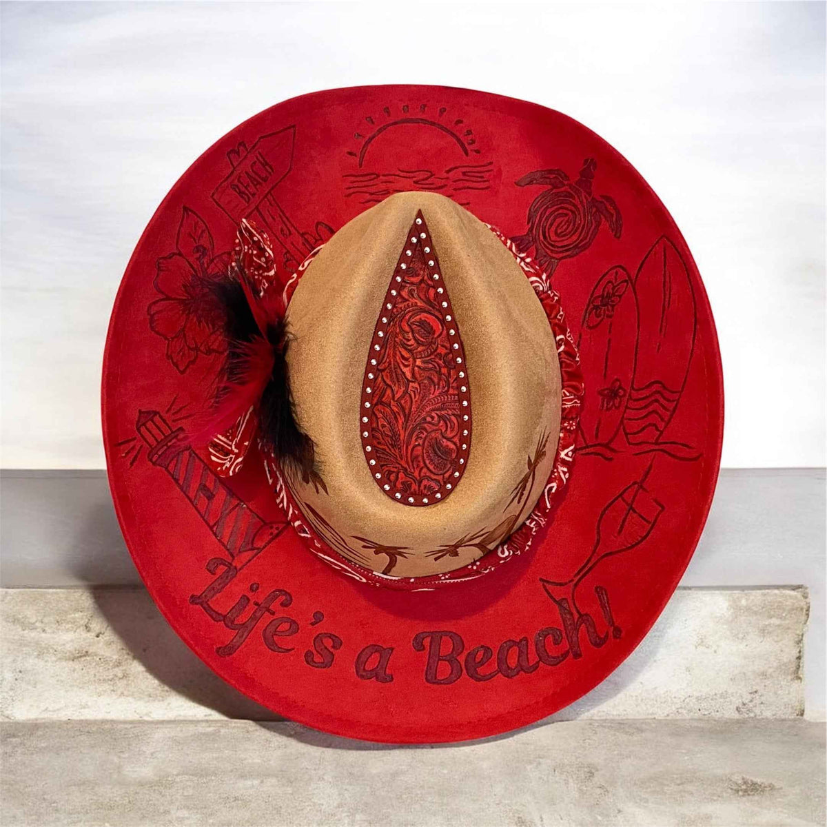 Life's A Beach Custom Vegan Suede Cowboy Hat - Two Tone Red and Tan