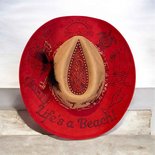 Life's A Beach Custom Vegan Suede Cowboy Hat - Two Tone Red and Tan