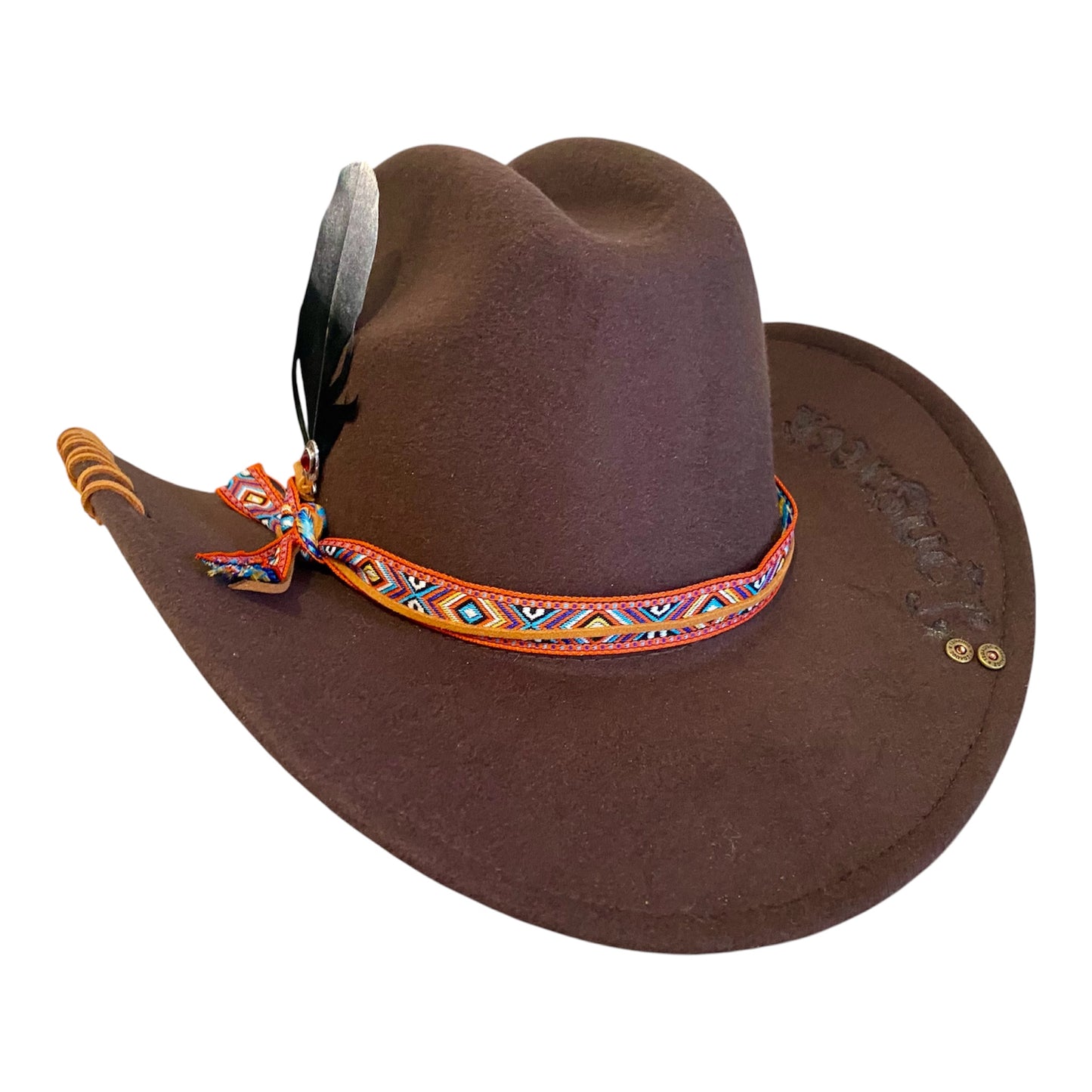 Custom Felt Cowboy Hat - Unique Chocolate Brown Design with Rivets and Lacing