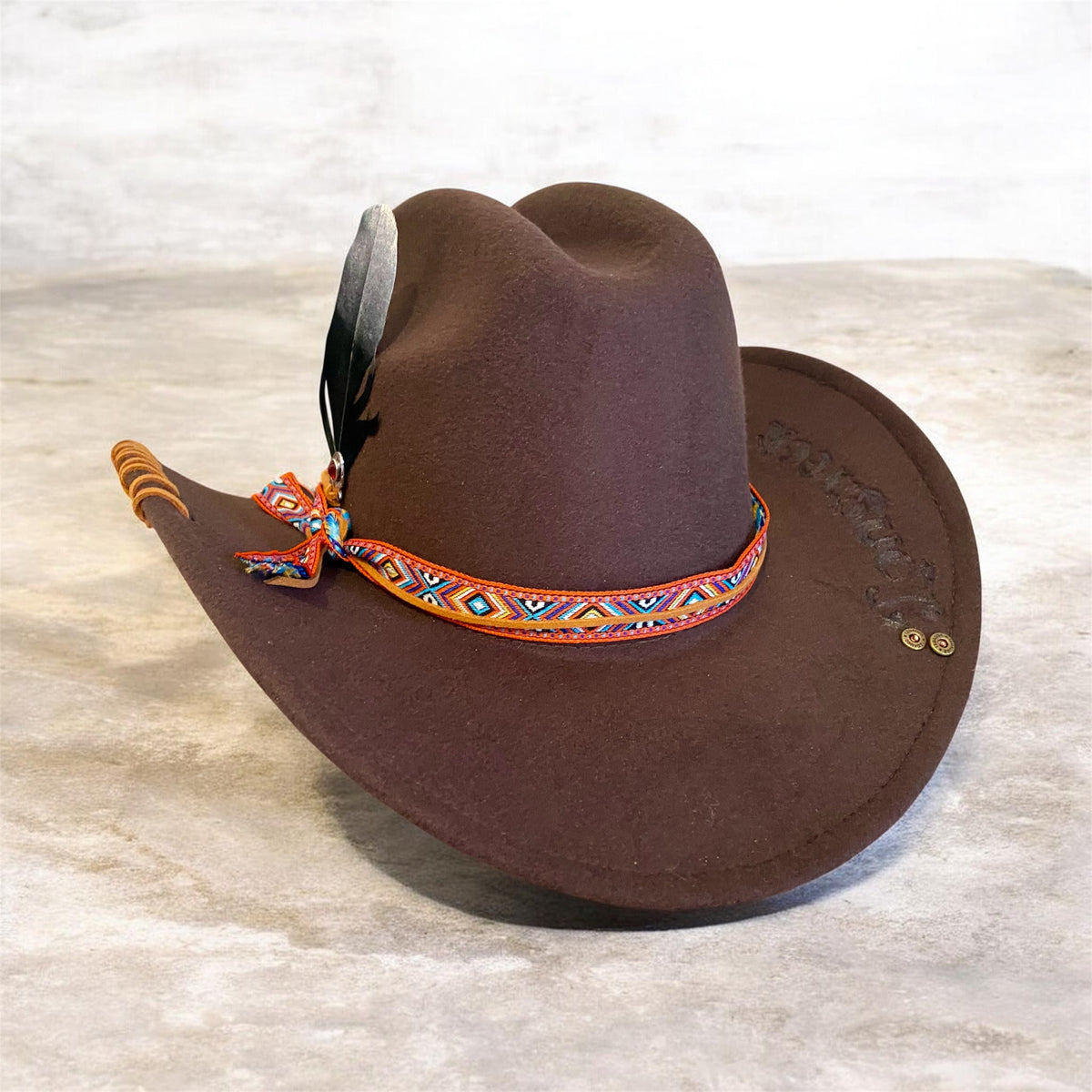Custom Felt Cowboy Hat - Unique Chocolate Brown Design with Rivets and Lacing