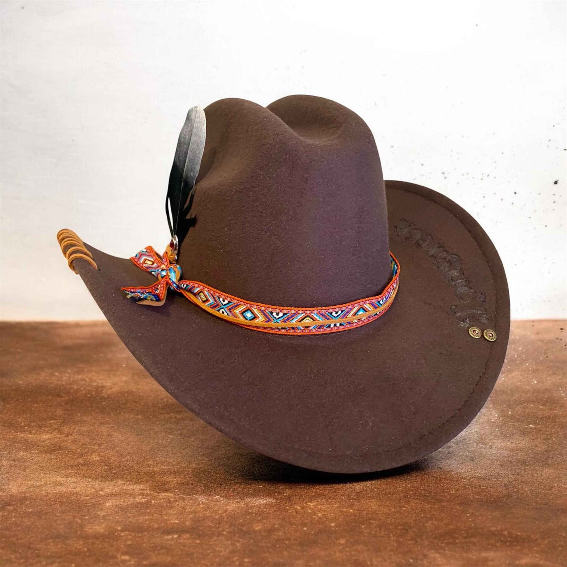 Custom Felt Cowboy Hat - Unique Chocolate Brown Design with Rivets and Lacing