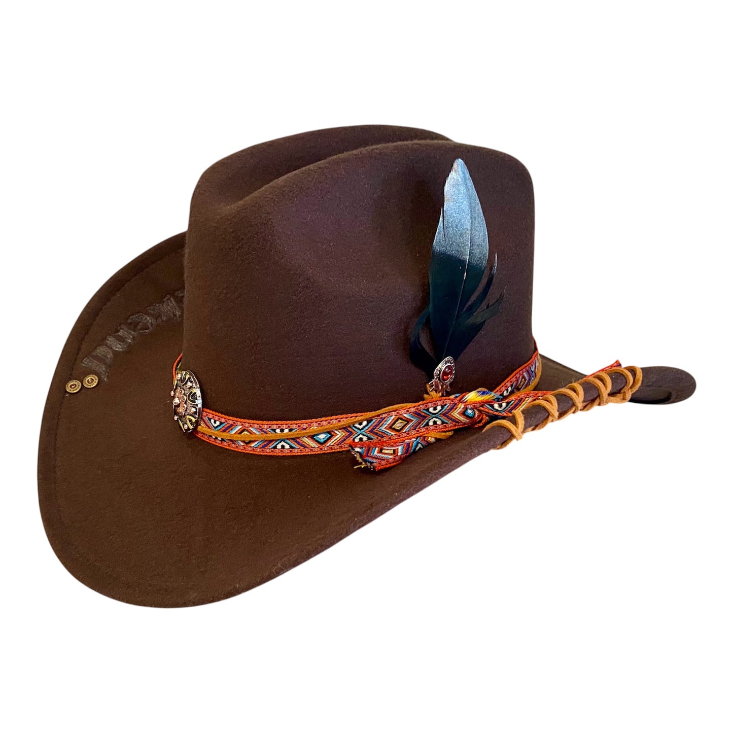 Custom Felt Cowboy Hat - Unique Chocolate Brown Design with Rivets and Lacing