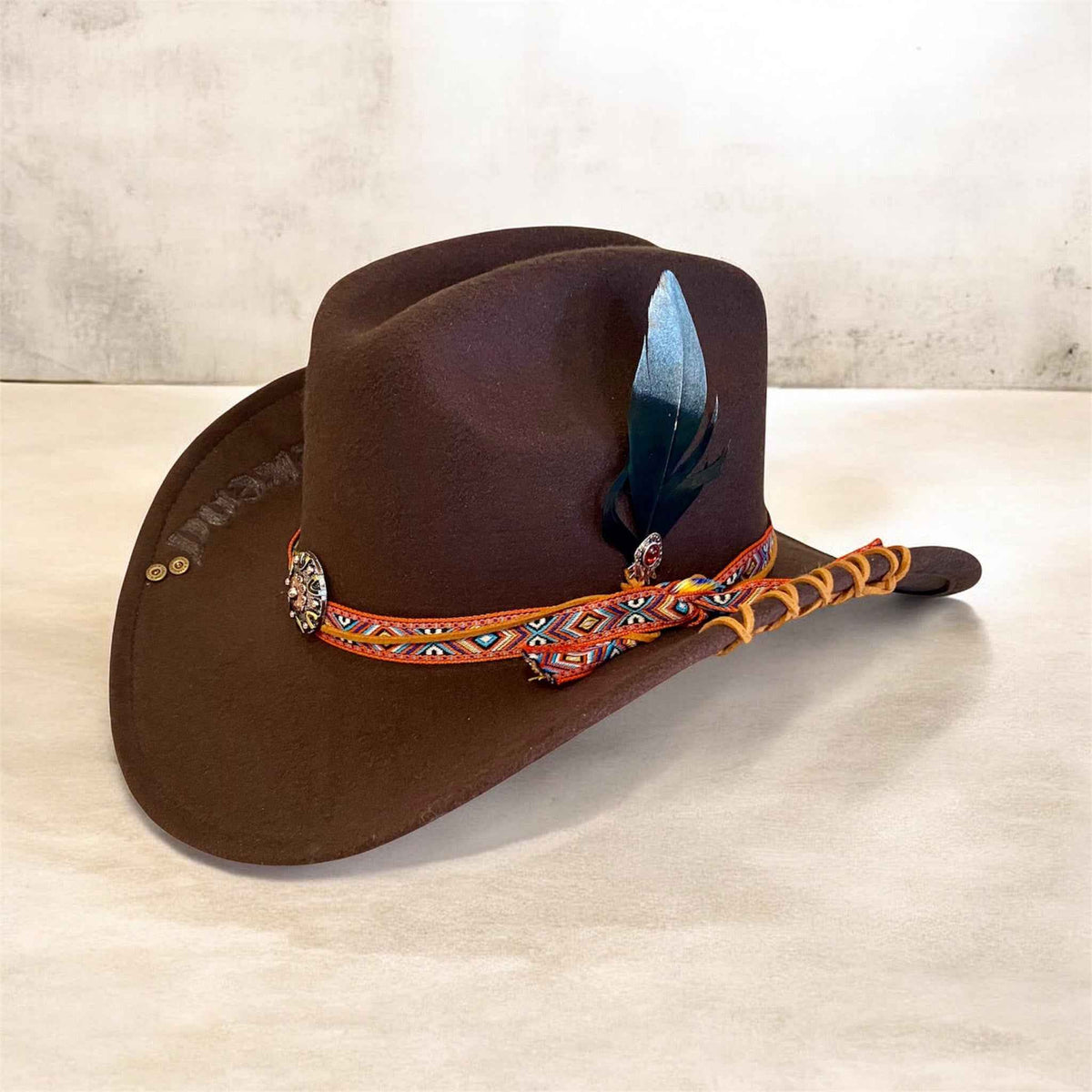 Custom Felt Cowboy Hat - Unique Chocolate Brown Design with Rivets and Lacing