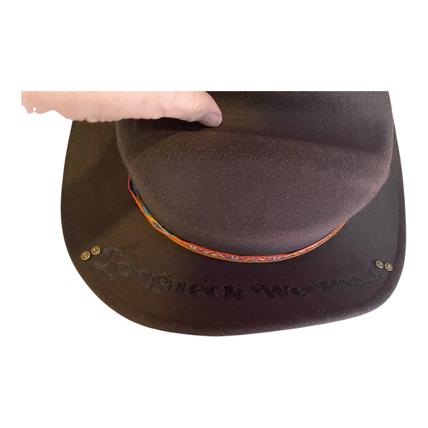 Custom Felt Cowboy Hat - Unique Chocolate Brown Design with Rivets and Lacing