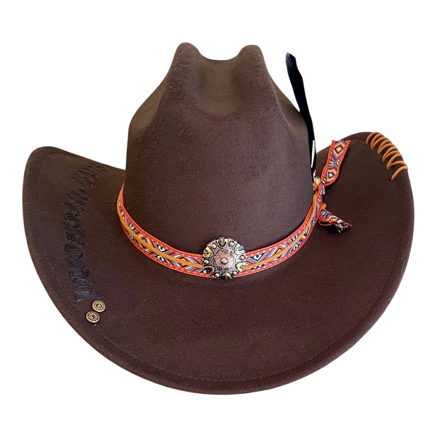 Custom Felt Cowboy Hat - Unique Chocolate Brown Design with Rivets and Lacing