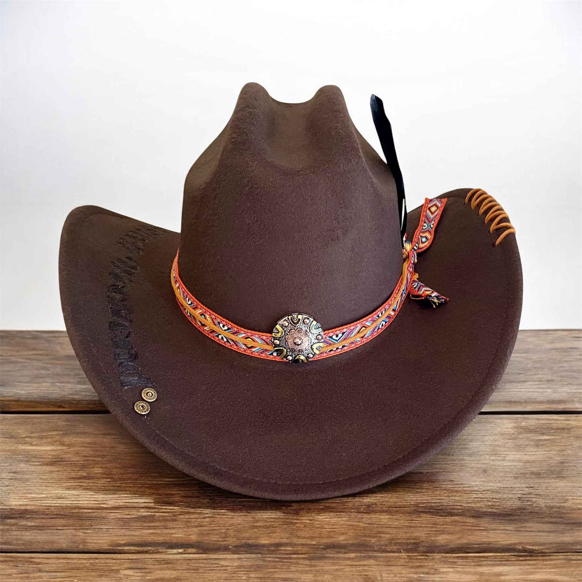 Custom Felt Cowboy Hat - Unique Chocolate Brown Design with Rivets and Lacing