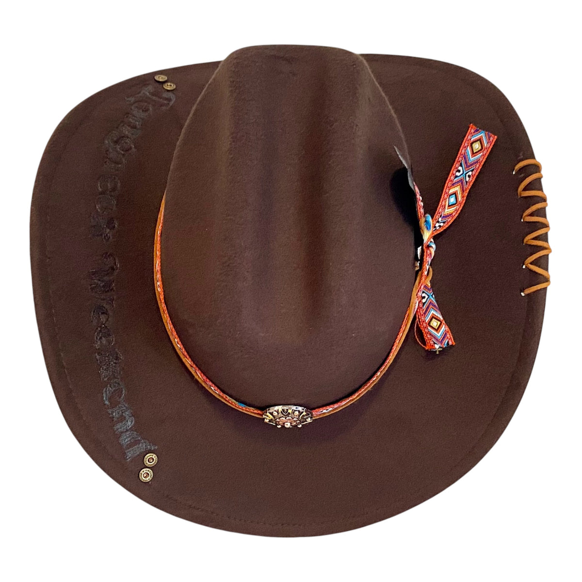 Custom Felt Cowboy Hat - Unique Chocolate Brown Design with Rivets and Lacing
