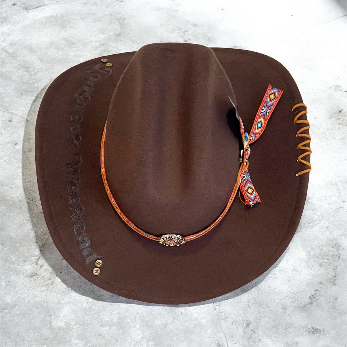 Custom Felt Cowboy Hat - Unique Chocolate Brown Design with Rivets and Lacing