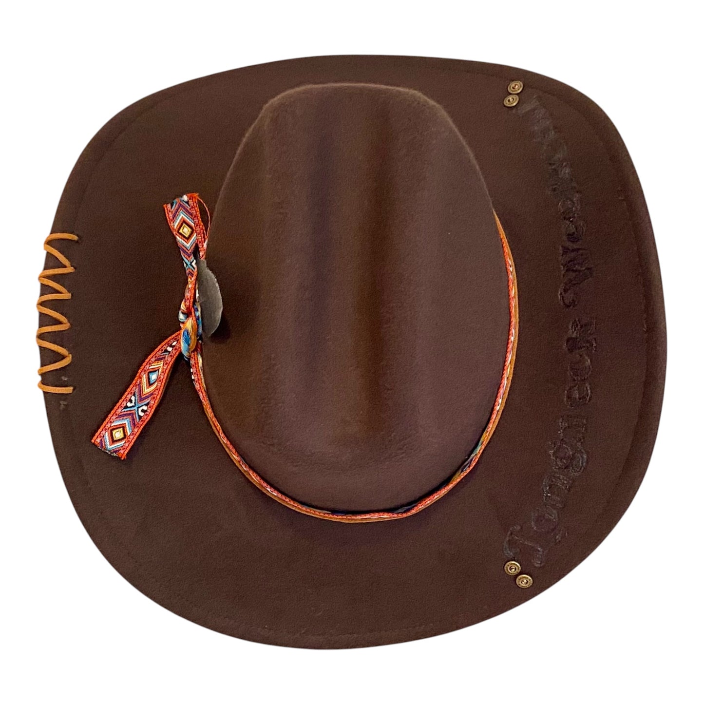 Custom Felt Cowboy Hat - Unique Chocolate Brown Design with Rivets and Lacing
