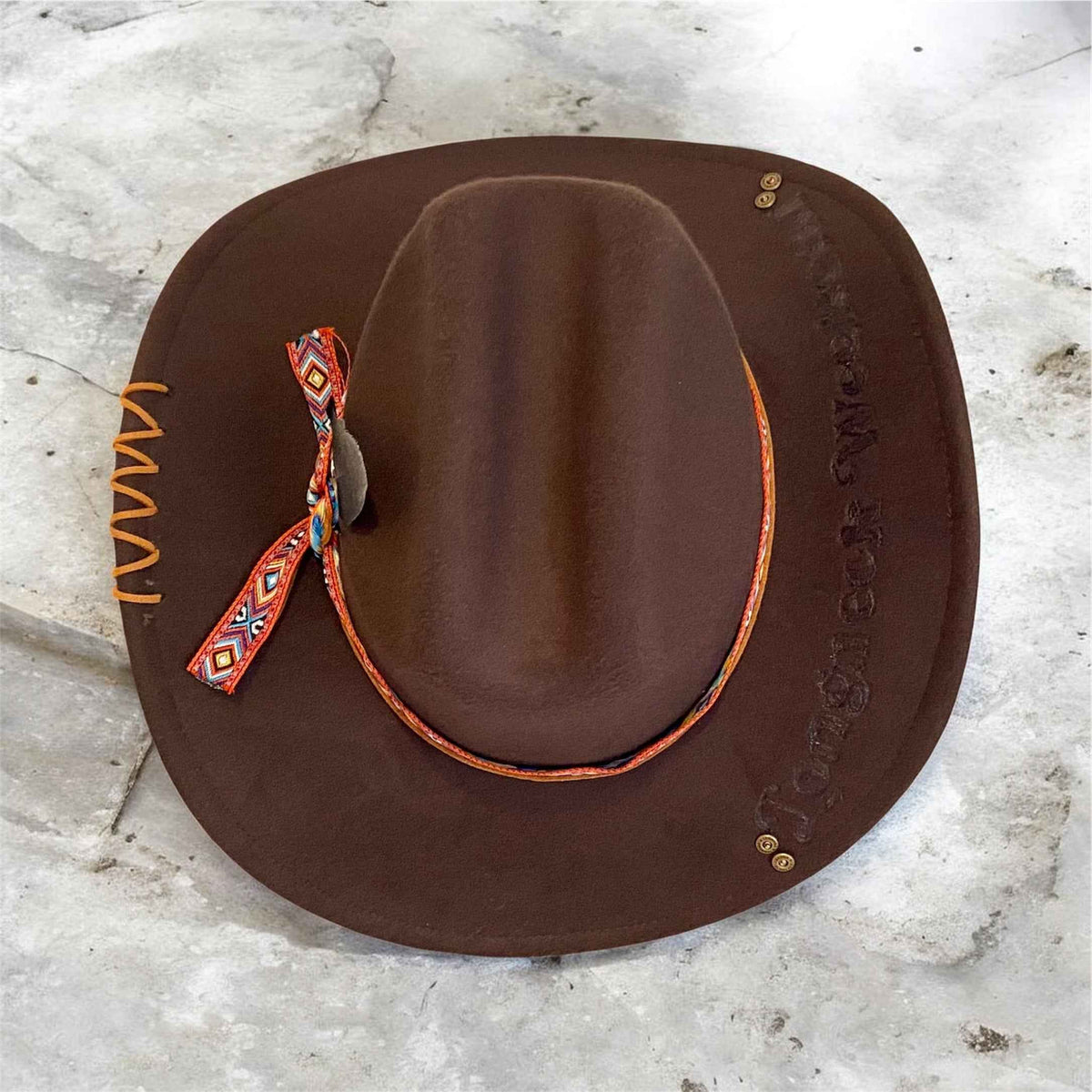 Custom Felt Cowboy Hat - Unique Chocolate Brown Design with Rivets and Lacing