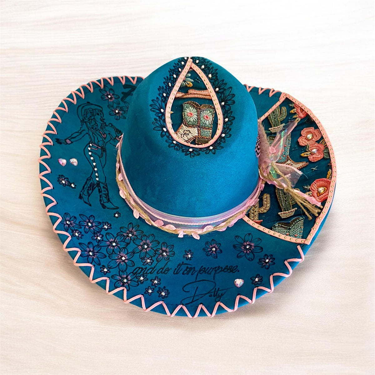 Dolly Parton Tribute Hat - Handburned Vegan Suede Masterpiece