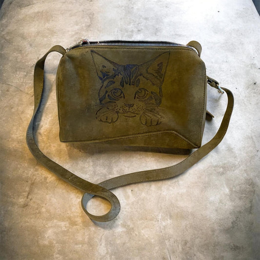 Custom Faux Suede Shoulder Bag - Olive Green with Unique Cat Face Design