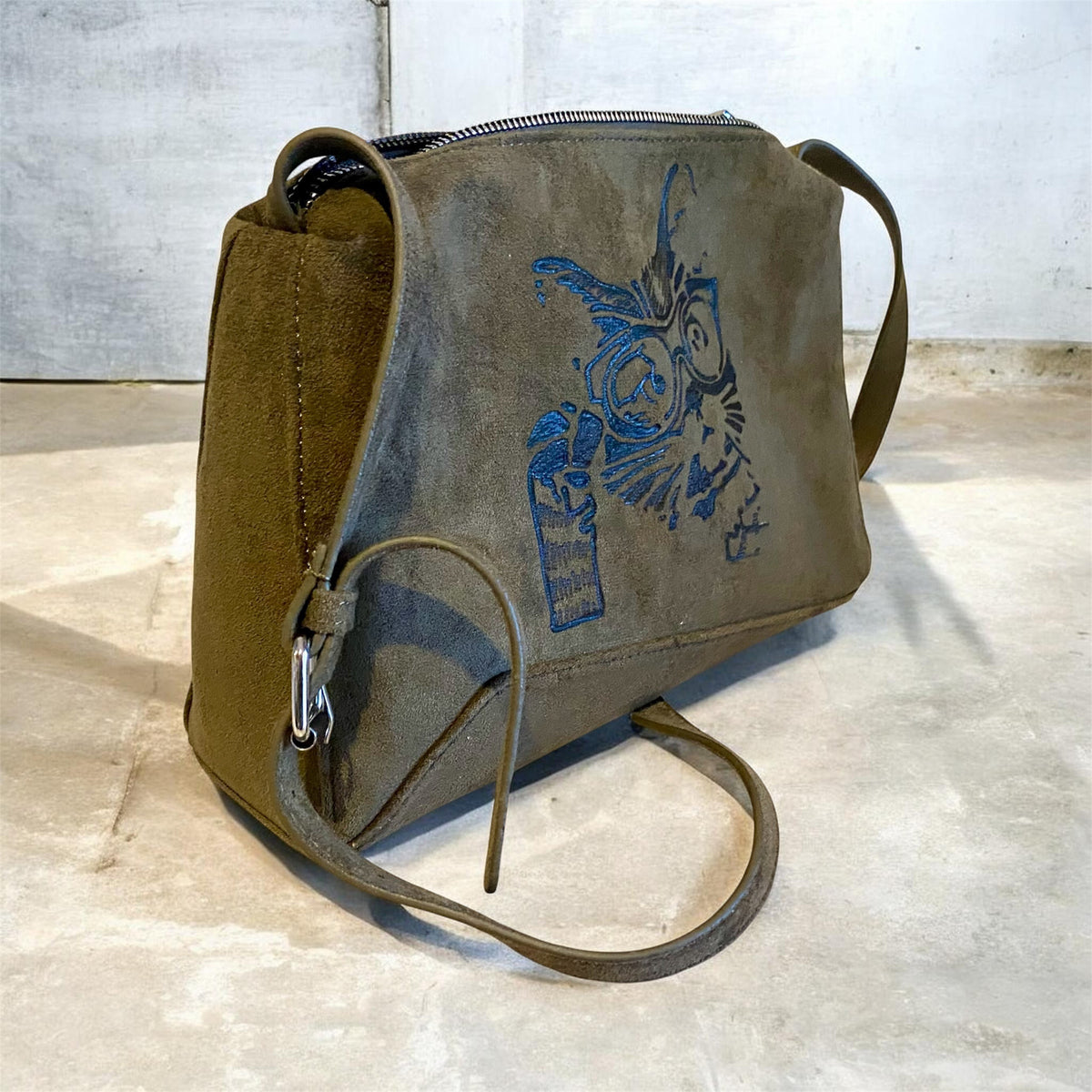 Custom Faux Suede Shoulder Bag - Olive Green with Unique Cat Face Design