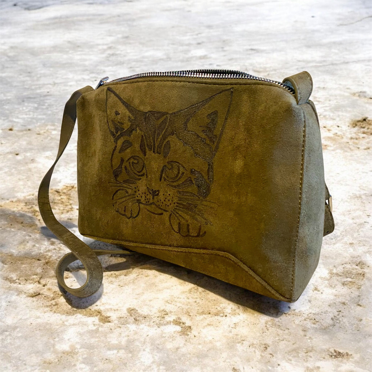Custom Faux Suede Shoulder Bag - Olive Green with Unique Cat Face Design