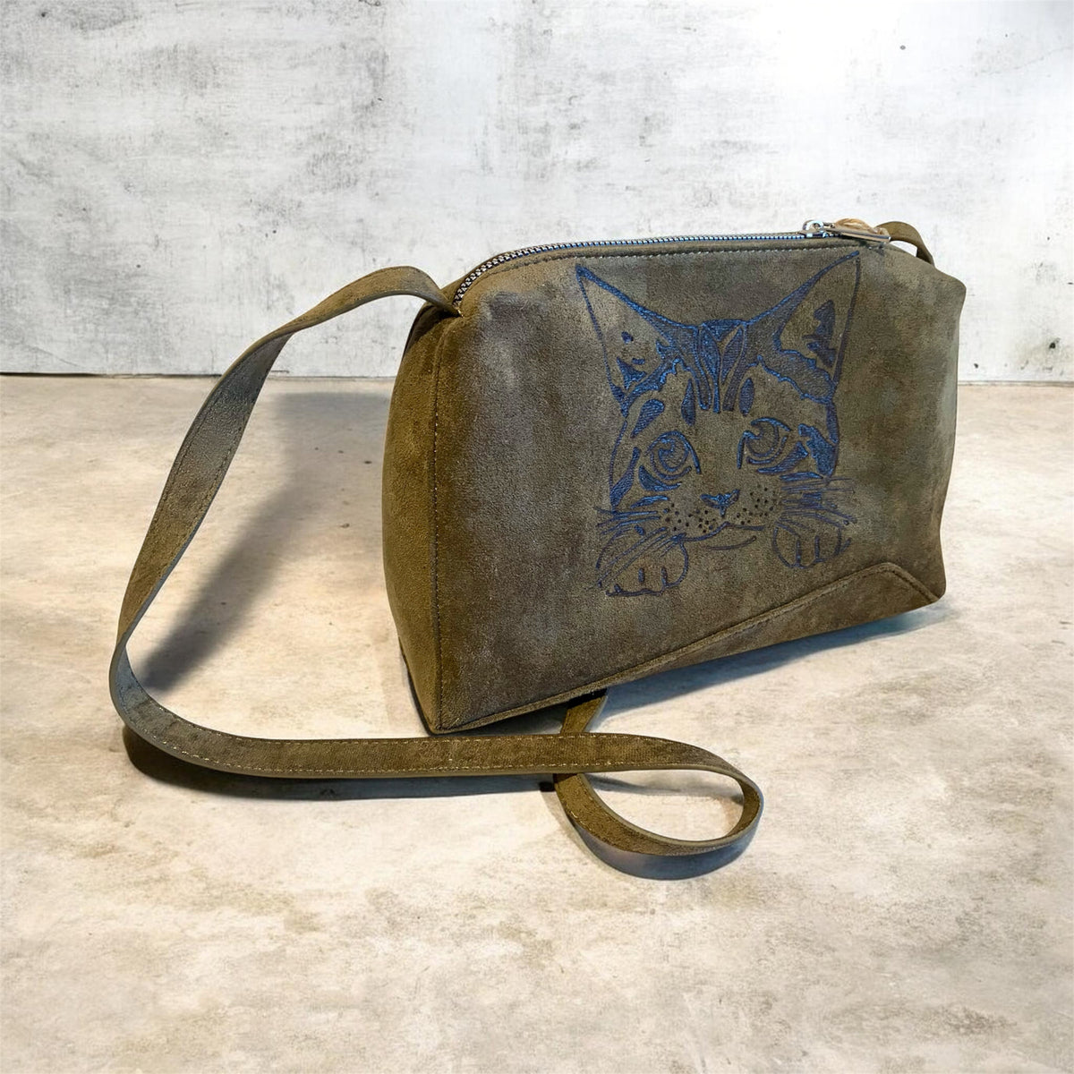 Custom Faux Suede Shoulder Bag - Olive Green with Unique Cat Face Design