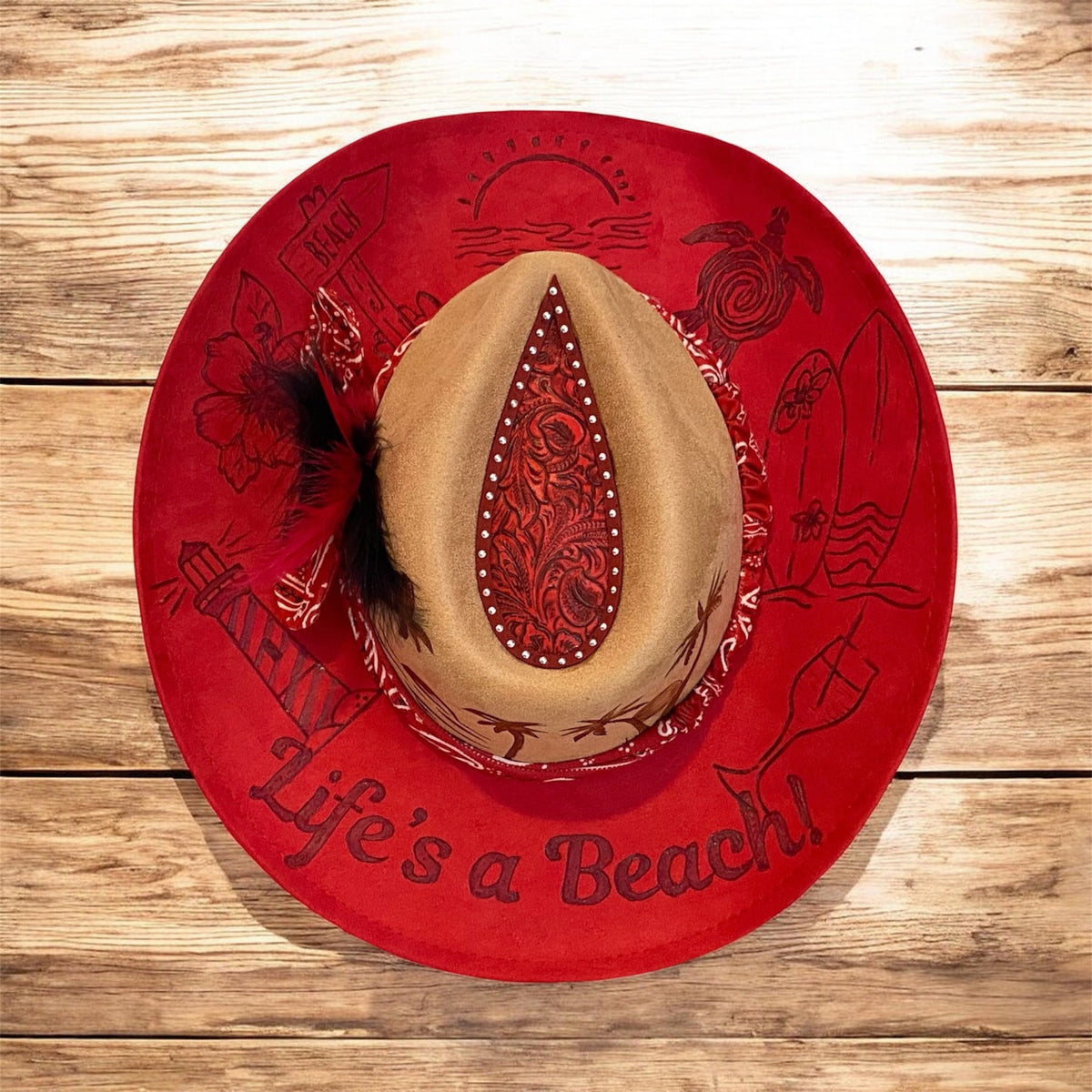 Life's A Beach Custom Vegan Suede Cowboy Hat - Two Tone Red and Tan