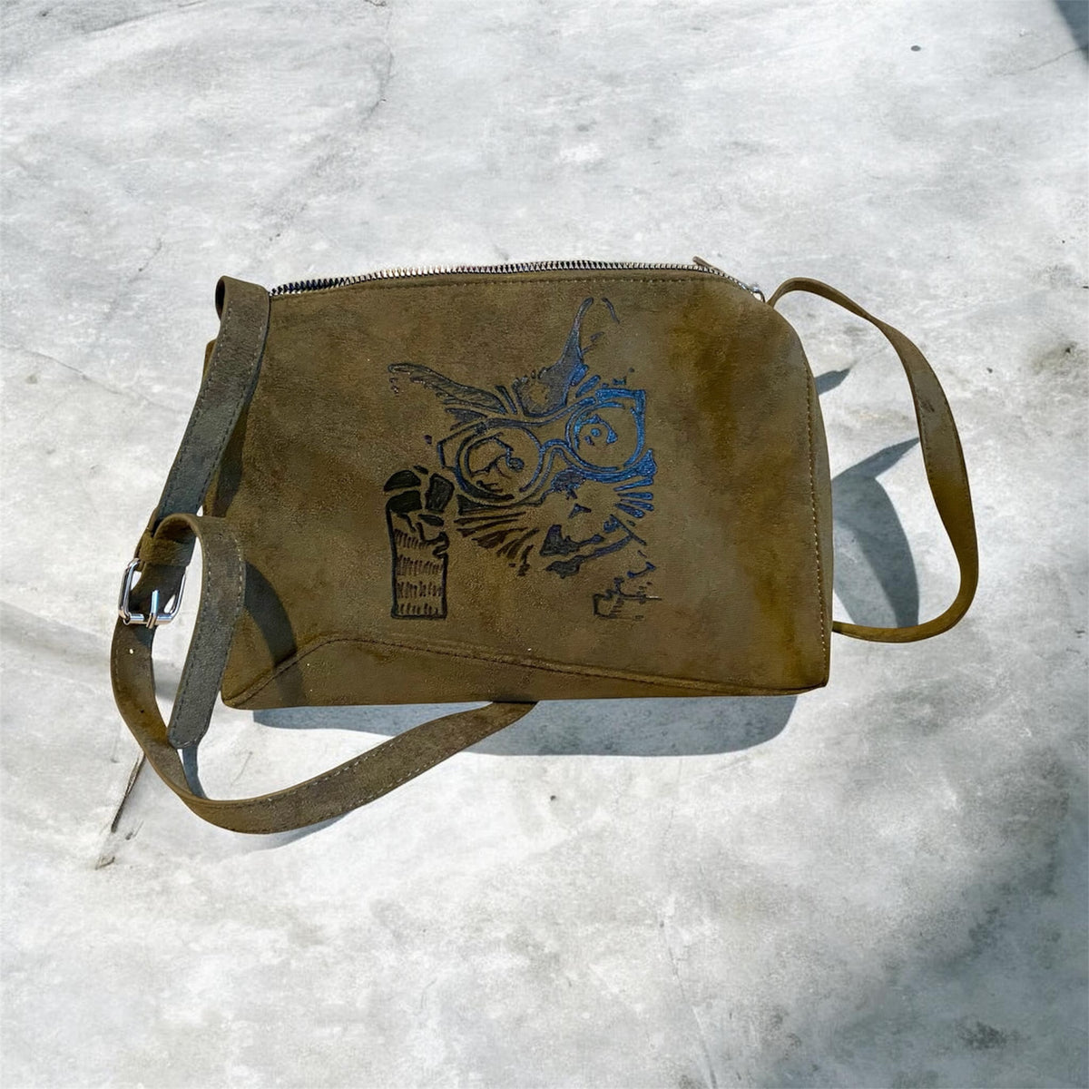 Custom Faux Suede Shoulder Bag - Olive Green with Unique Cat Face Design