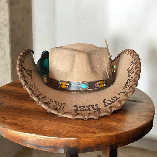 Ain't My First Rodeo Custom Cowboy Hat - Handburned Vegan Suede Masterpiece Custom