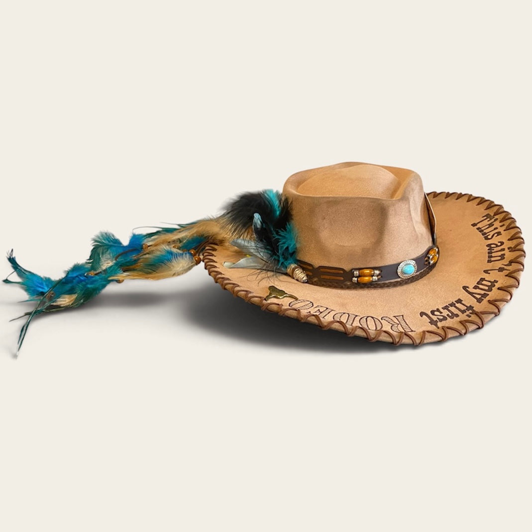 Ain't My First Rodeo Custom Cowboy Hat - Handburned Vegan Suede Masterpiece Custom
