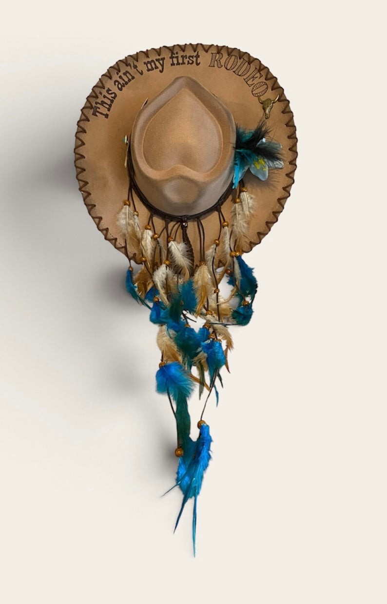 Ain't My First Rodeo Custom Cowboy Hat - Handburned Vegan Suede Masterpiece Custom