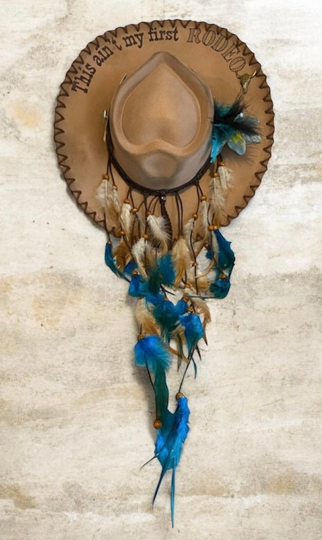 Ain't My First Rodeo Custom Cowboy Hat - Handburned Vegan Suede Masterpiece Custom