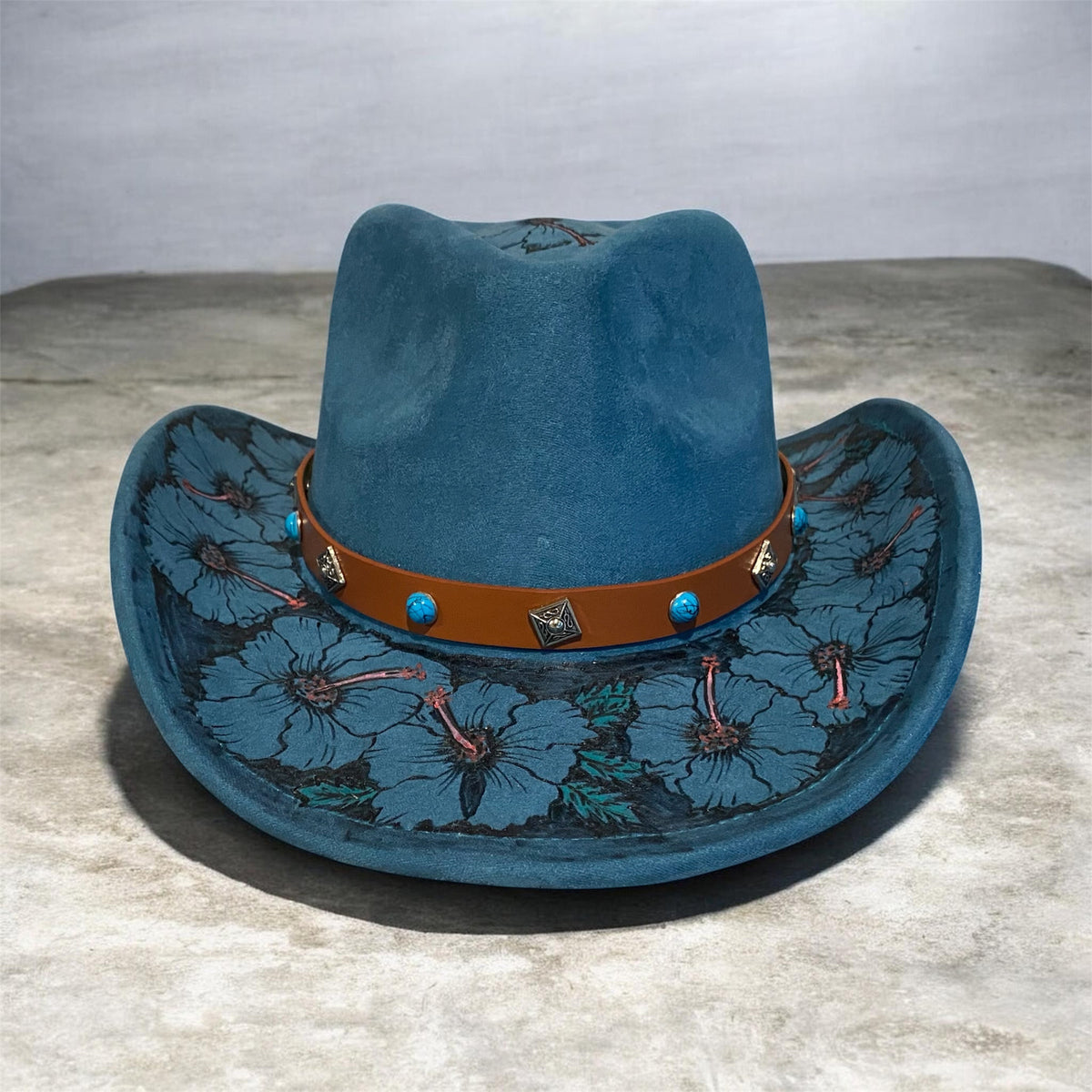 Flower Power Style with the Boho Custom Cowboy Hat - Blue Hibiscus Deluxe Suedette