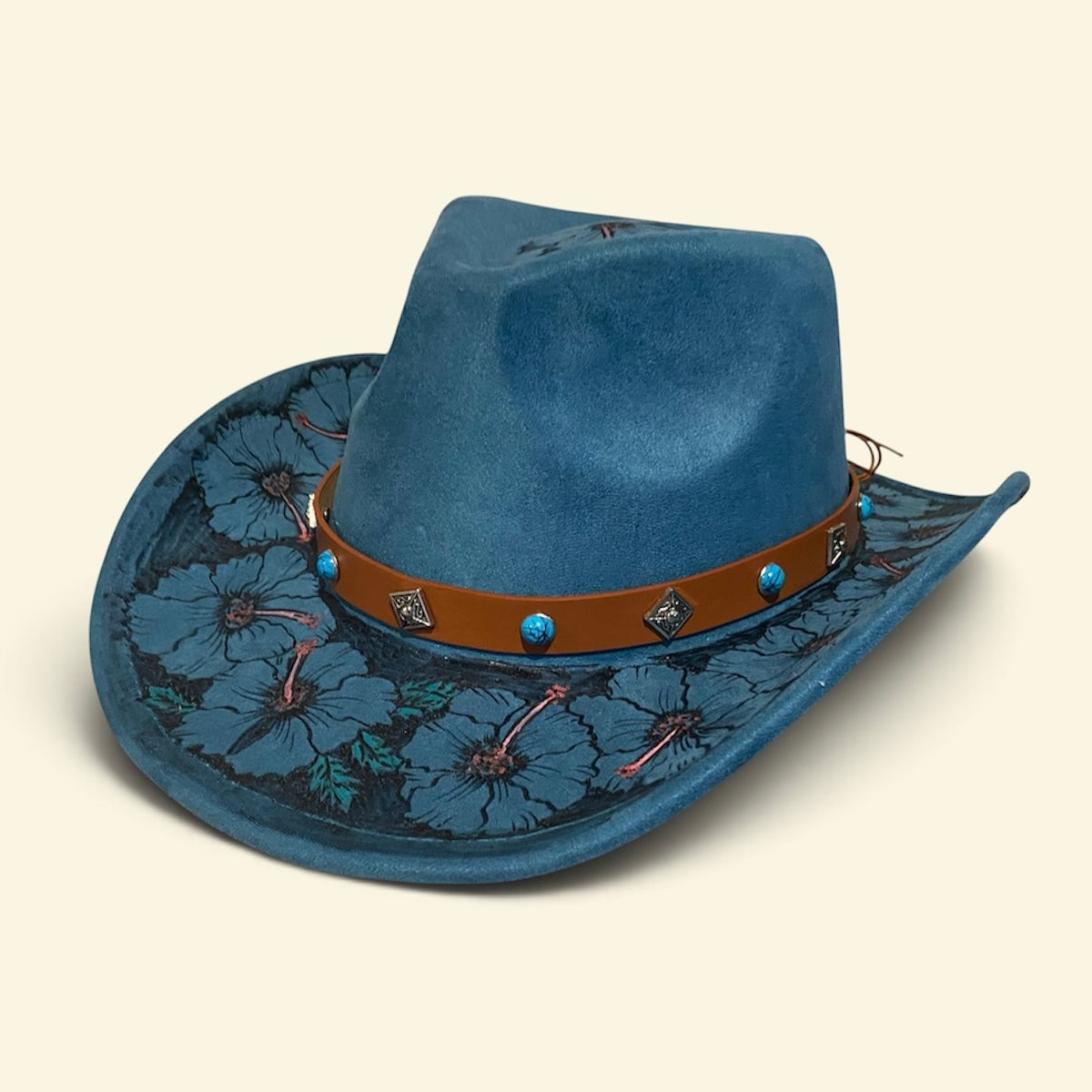 Flower Power Style with the Boho Custom Cowboy Hat - Blue Hibiscus Deluxe Suedette