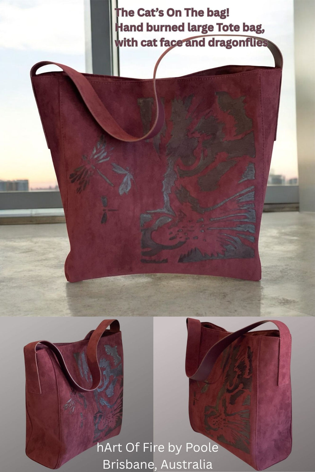 Custom Suedette Large Tote Bag, "The Cat's On The Bag", hand-burned, one off design, Maroon colour