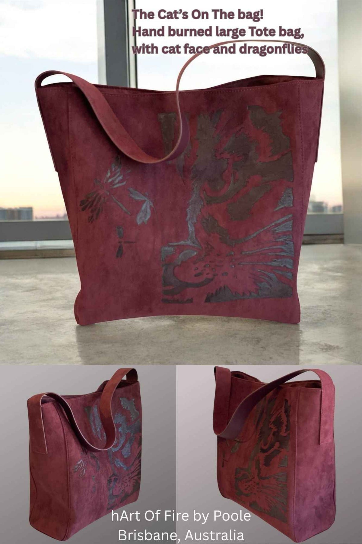 Custom Suedette Tote Bag - 'The Cat's On The Bag' | Unique Hand-Burned Design in Maroon