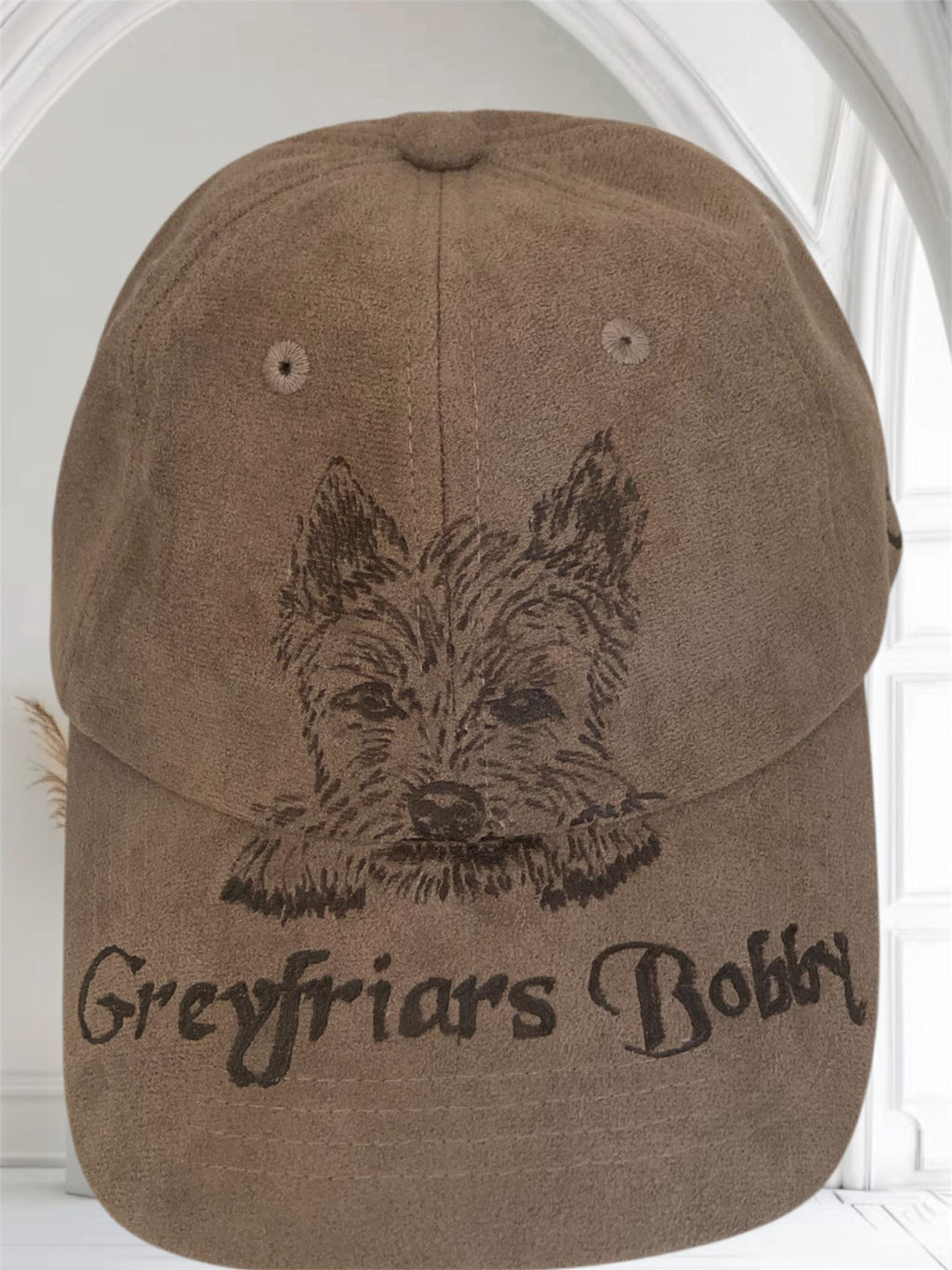 Hand Burned Baseball Fashion Cap 100% Polyester Faux Suede, Greyfriars Bobby Dog theme