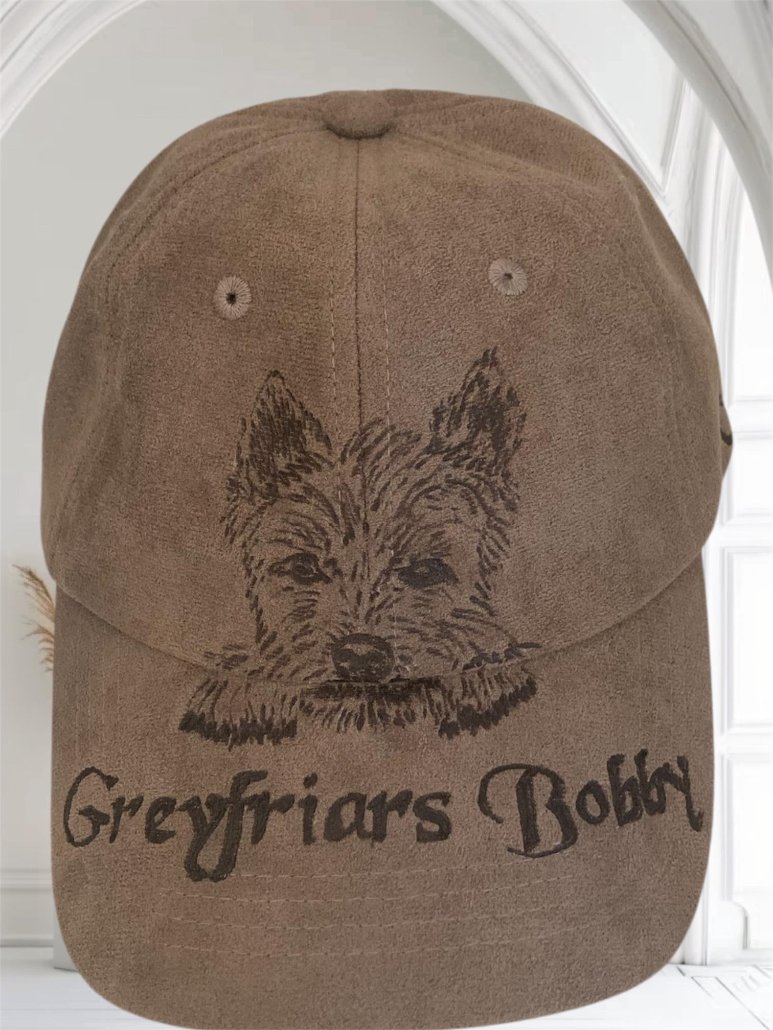 Hand Burned Baseball Fashion Cap 100% Polyester Faux Suede, Greyfriars Bobby Dog theme