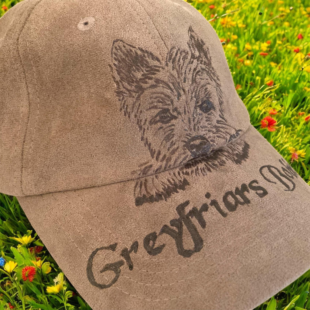 Hand Burned Baseball Fashion Cap 100% Polyester Faux Suede, Greyfriars Bobby Dog theme